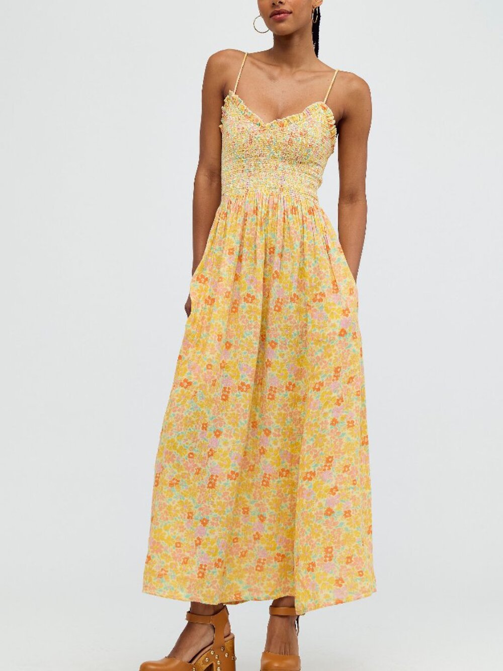 Free People Yellow Floral Midi Dress